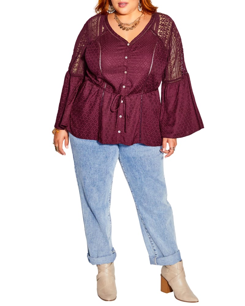 Front of a model wearing a size XL Sweet Dream Top in Wine by Starling Reine. | dia_product_style_image_id:300333